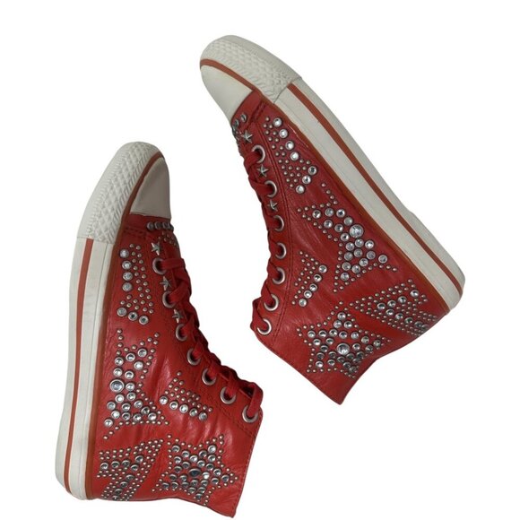 ASH Red Soft Leather High Top Sneakers Silver Studded Stars Distressed Toe 7 Y2K - Picture 6 of 13